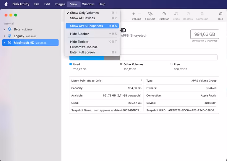 Screenshot: Enable Show APFS Snapshots in Disk Utility
