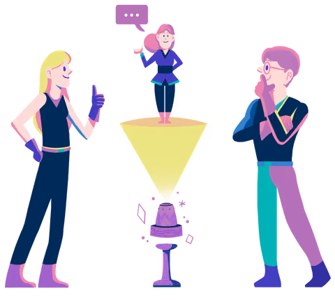 Illustration von zwei Coding Friends, die mit einem Hologramm sprechen