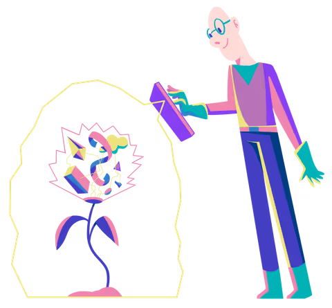 Illustration, wie ein Coding Friend eine Blume giesst