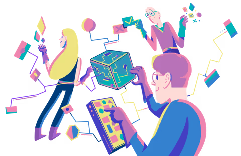 Illustration der drei Coding Friends, die an abstrakten Objekten arbeiten