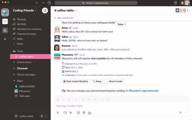 Macarons — Slack chat roulette app screenshot