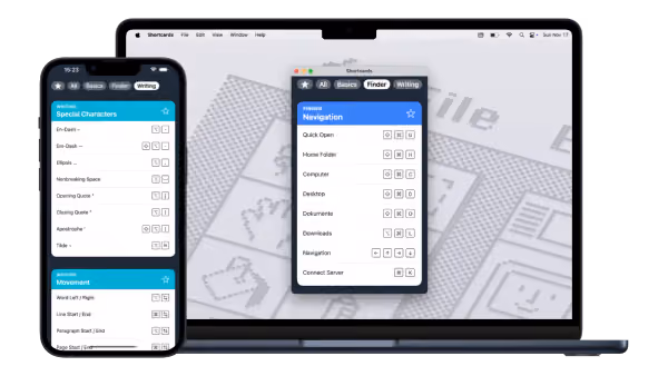 The Shortcards keyboard shortcuts app running on an iPhone and on a MacBook