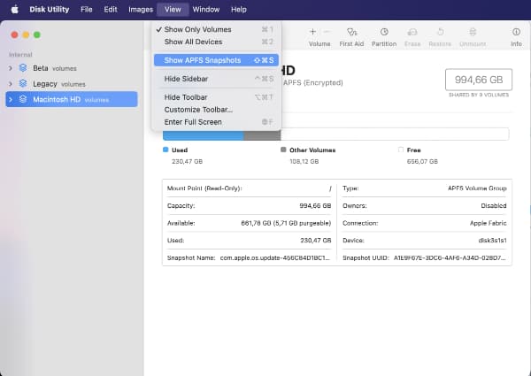 Screenshot: Enable Show APFS Snapshots in Disk Utility