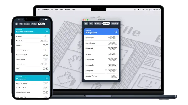 The Shortcards keyboard shortcuts app running on an iPhone and on a MacBook