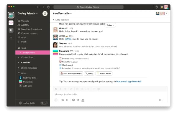 Screenshot: Macarons Slack app in channel