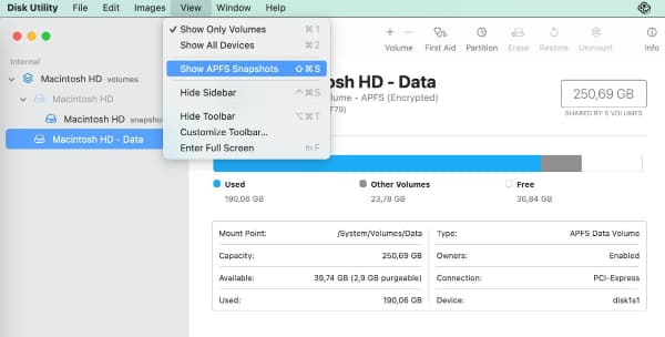 Screenshot: Show APFS snapshots in Disk Utility