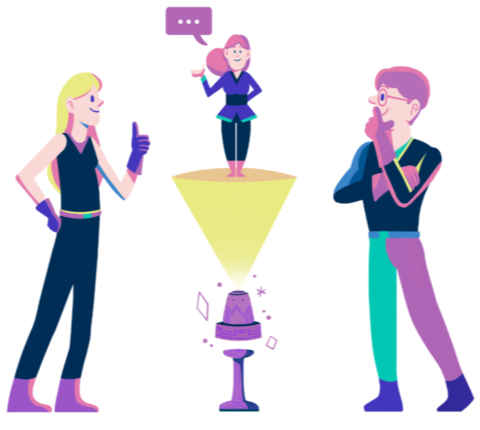 Illustration von zwei Coding Friends die mit einem Hologramm sprechen