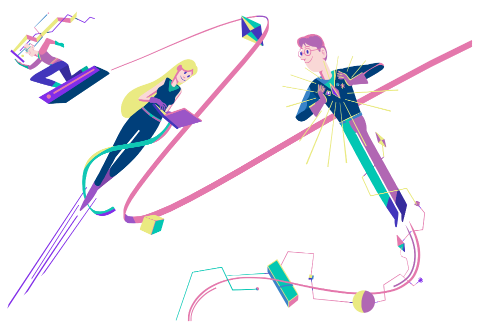 Illustration of the three Coding Frieds as flying heros